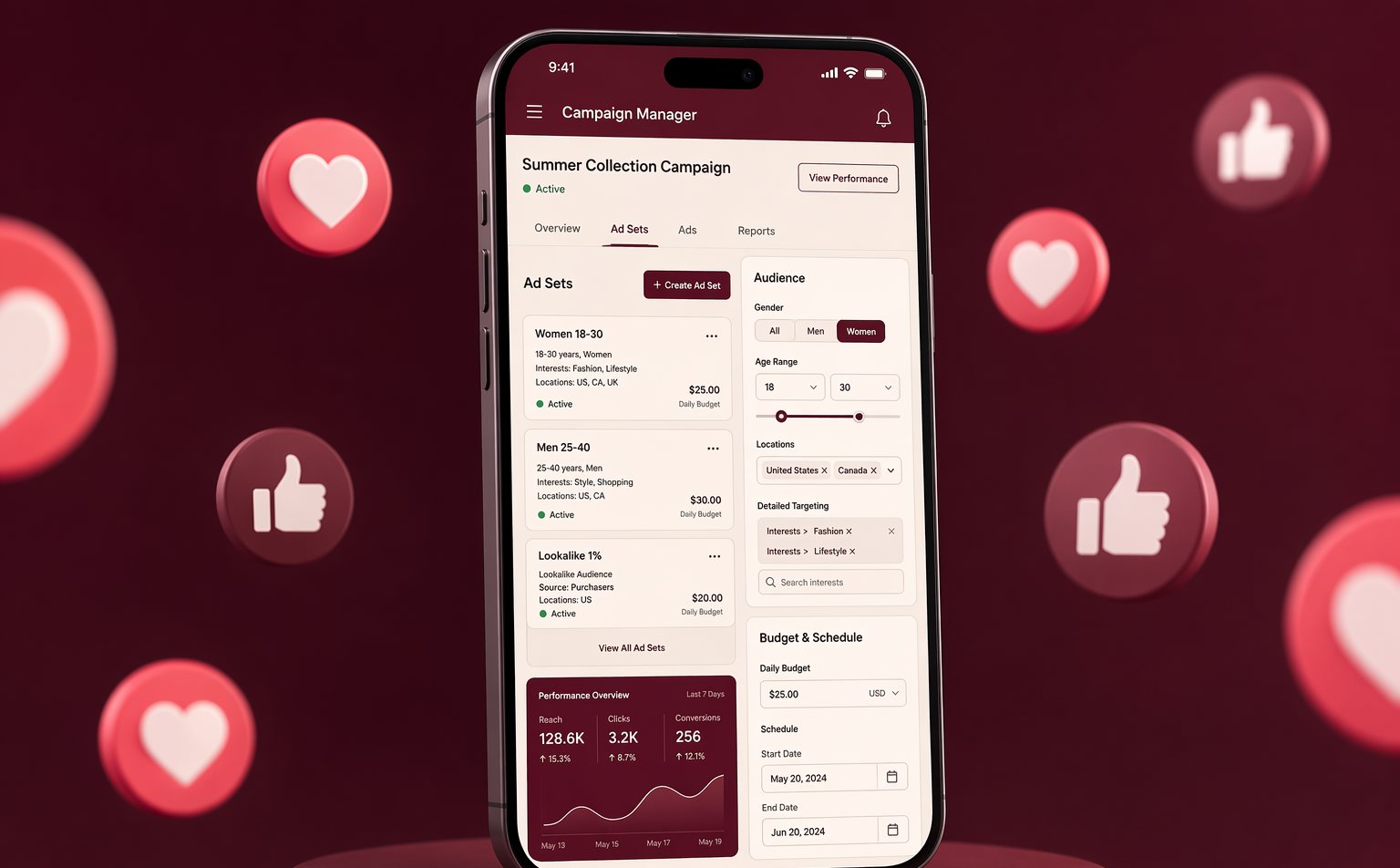 Meta Ads campaign manager interface with audience targeting and budget controls